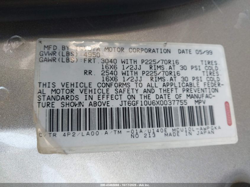 1999 Lexus Rx 300 VIN: JT6GF10U6X0037755 Lot: 43465866