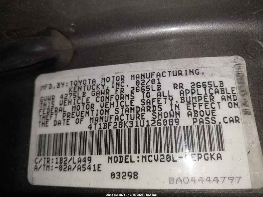 2001 Toyota Camry Xle V6 VIN: 4T1BF28K31U126089 Lot: 43465874