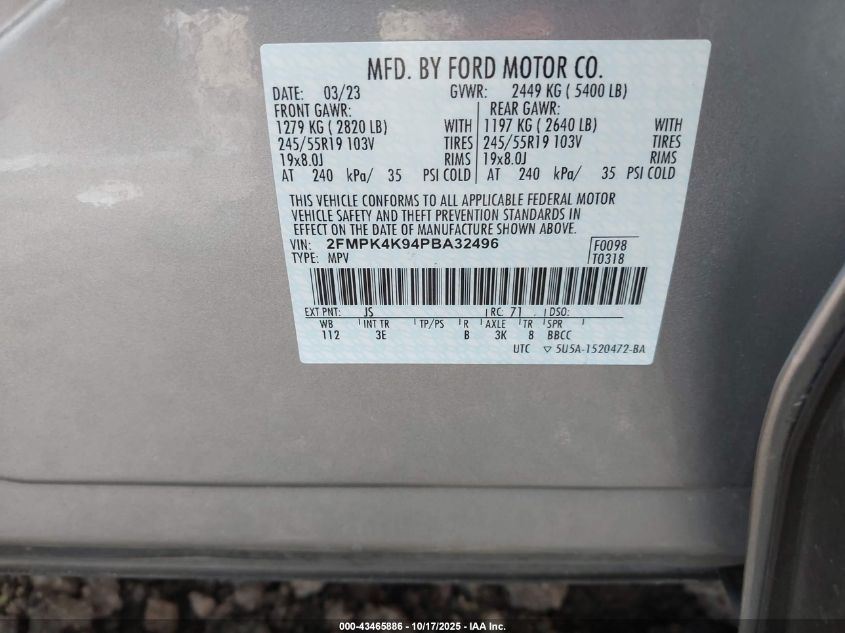 2023 Ford Edge Titanium VIN: 2FMPK4K94PBA32496 Lot: 43465886