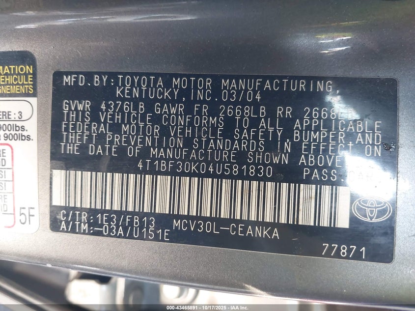 4T1BF30K04U581830 2004 TOYOTA CAMRY photo no. 9