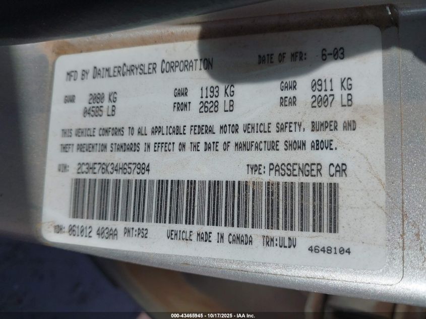 2004 Chrysler 300M Special VIN: 2C3HE76K34H657984 Lot: 43465945