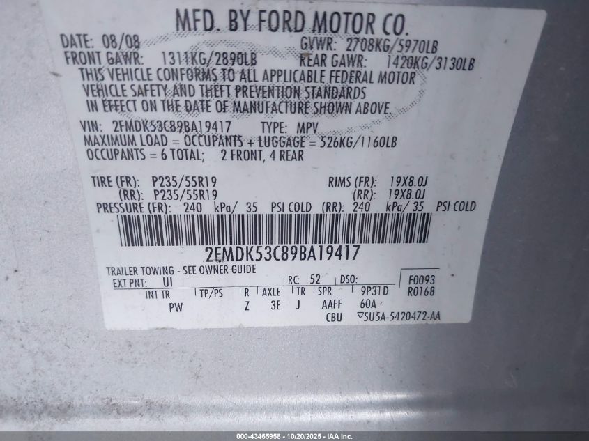 2009 Ford Flex Limited VIN: 2FMDK53C89BA19417 Lot: 43465958