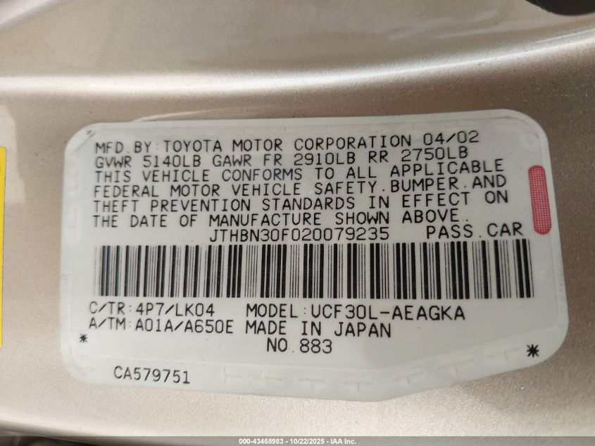 2002 Lexus Ls 430 VIN: JTHBN30F020079235 Lot: 43465983