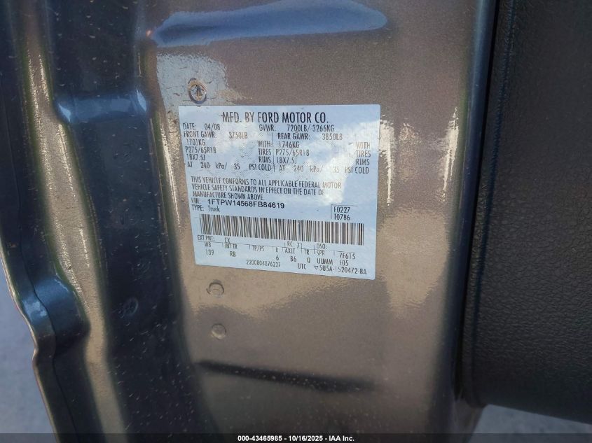 2008 Ford F-150 60Th Anniversary/Fx4/King Ranch/Lariat/Limited/Xlt VIN: 1FTPW14568FB84619 Lot: 43465985