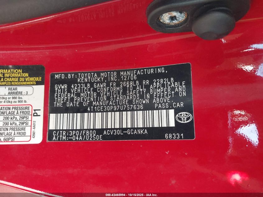 2007 Toyota Camry Solara Se VIN: 4T1CE30P97U757636 Lot: 43465994