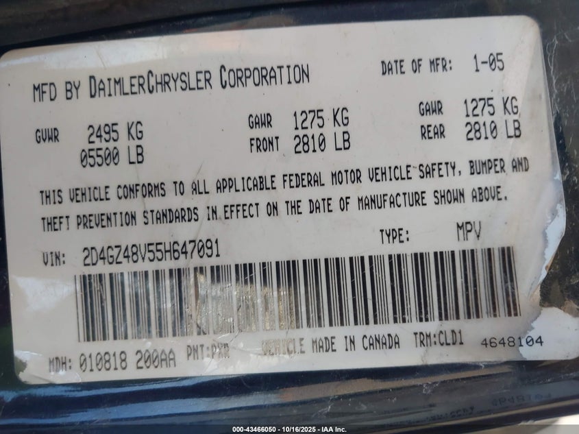 2005 Dodge Magnum Sxt VIN: 2D4GZ48V55H647091 Lot: 43466050