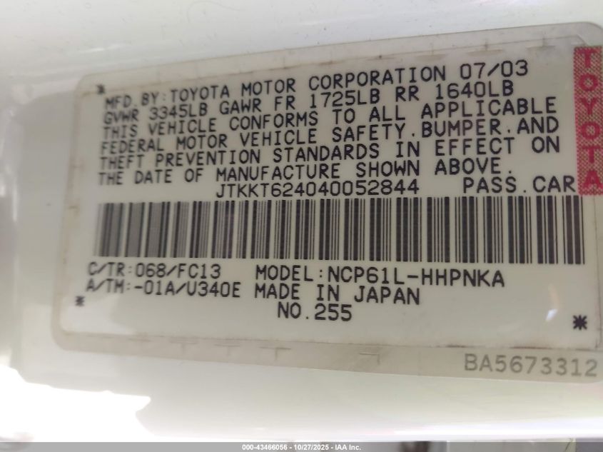 2004 Scion Xa VIN: JTKKT624040052844 Lot: 43466056