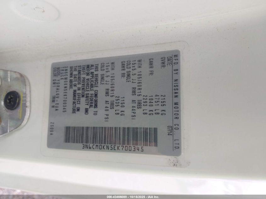 2014 Nissan Nv200 Sv VIN: 3N6CM0KN5EK700345 Lot: 43466089