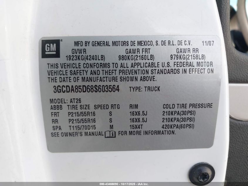 2008 Chevrolet Hhr Panel Ls VIN: 3GCDA85D68S603564 Lot: 43466090