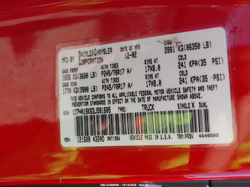 2003 Dodge Ram 1500 St VIN: 1D7HA16K63J581605 Lot: 43466098