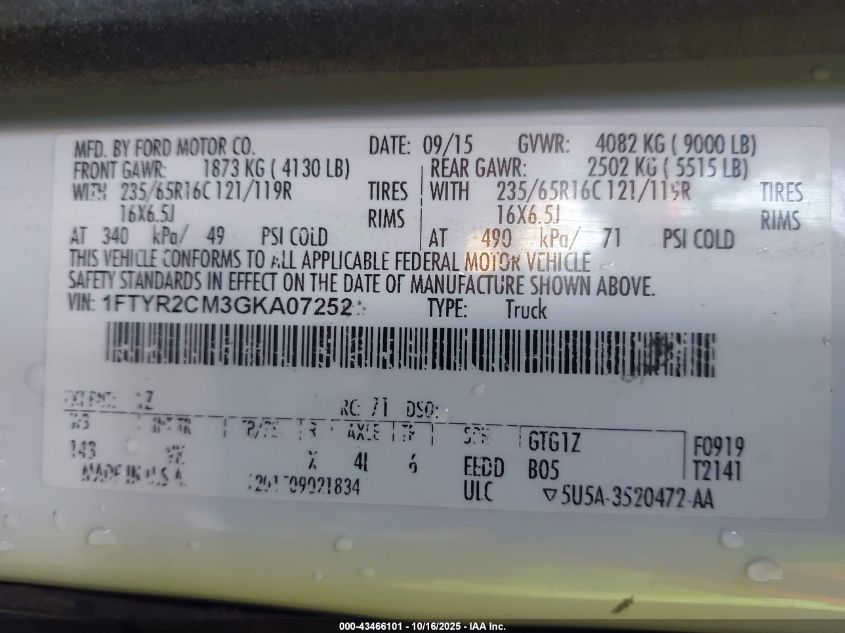 2016 Ford Transit-250 VIN: 1FTYR2CM3GKA07252 Lot: 43466101