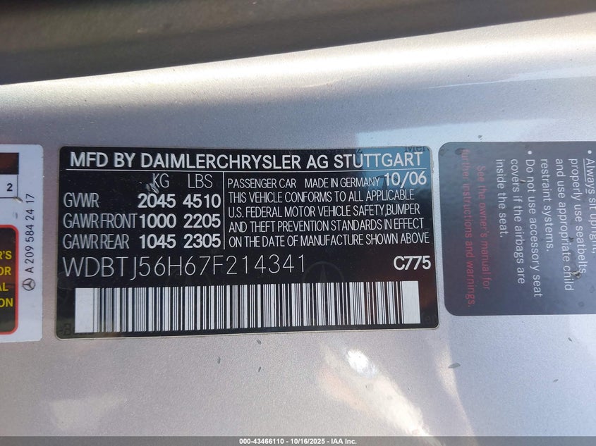 WDBTJ56H67F214341 2007 MERCEDES-BENZ CLK-KLASSE photo no. 9