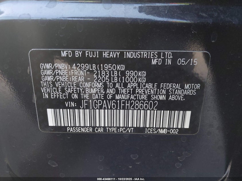 2015 SUBARU IMPREZA 2.0I SPORT LIMITED JF1GPAV61FH286602