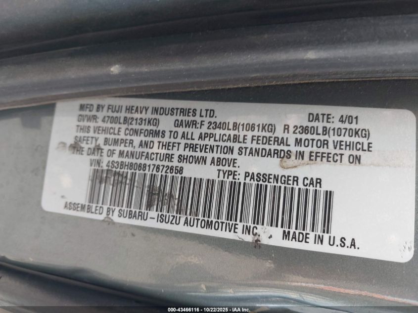 2001 Subaru Outback H6-3.0 VIN: 4S3BH806817672658 Lot: 43466116