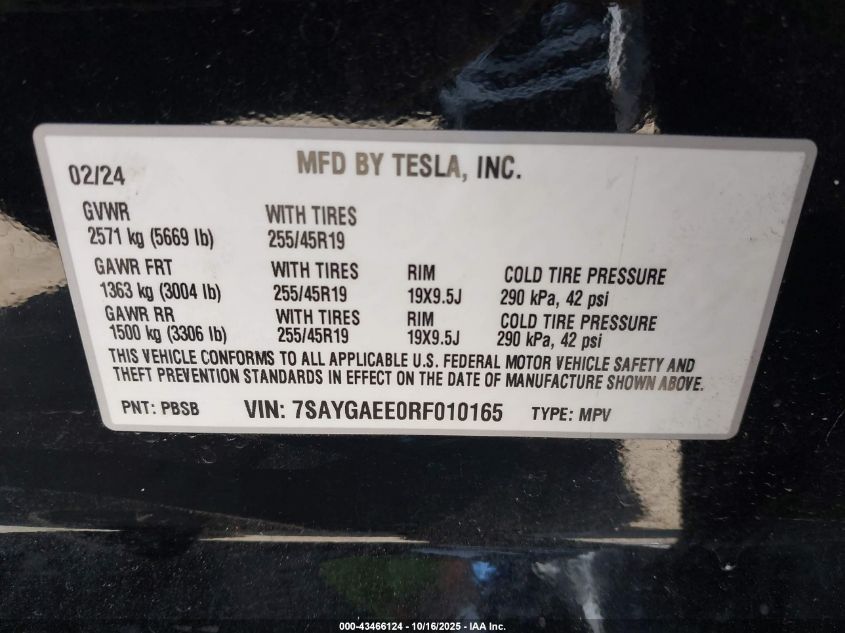 2024 Tesla Model Y Long Range Dual Motor All-Wheel Drive VIN: 7SAYGAEE0RF010165 Lot: 43466124