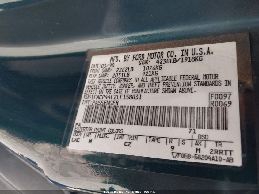 1990 Ford Mustang Lx VIN: 1FACP44E2LF158031 Lot: 43466137