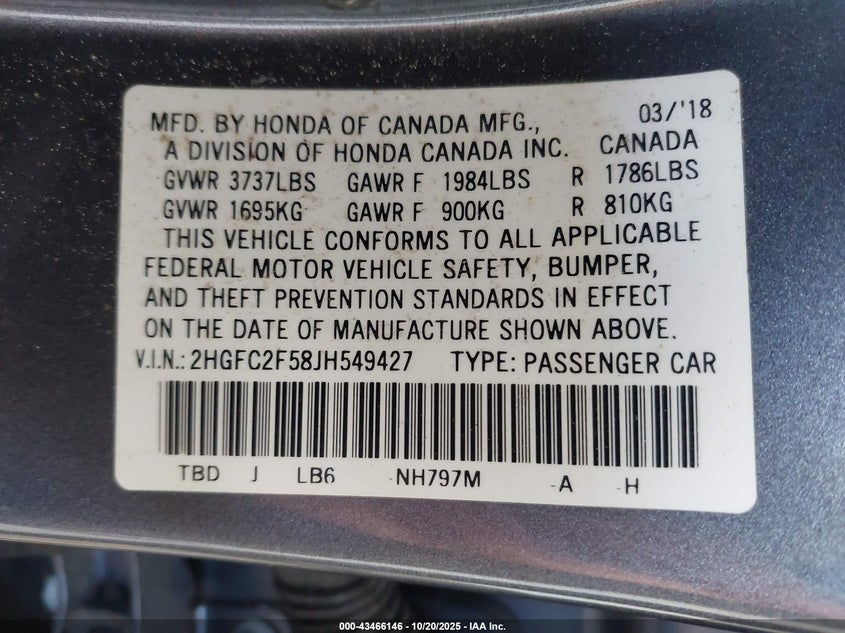 2018 HONDA CIVIC LX 2HGFC2F58JH549427