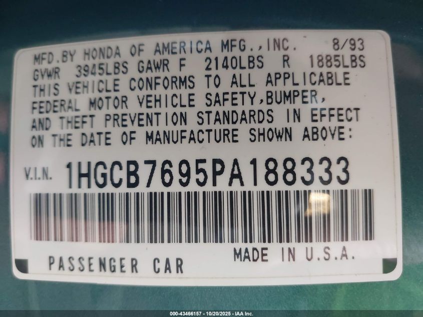 1993 Honda Accord 10Th Anniversary VIN: 01HGCB7695PA18833 Lot: 43466157