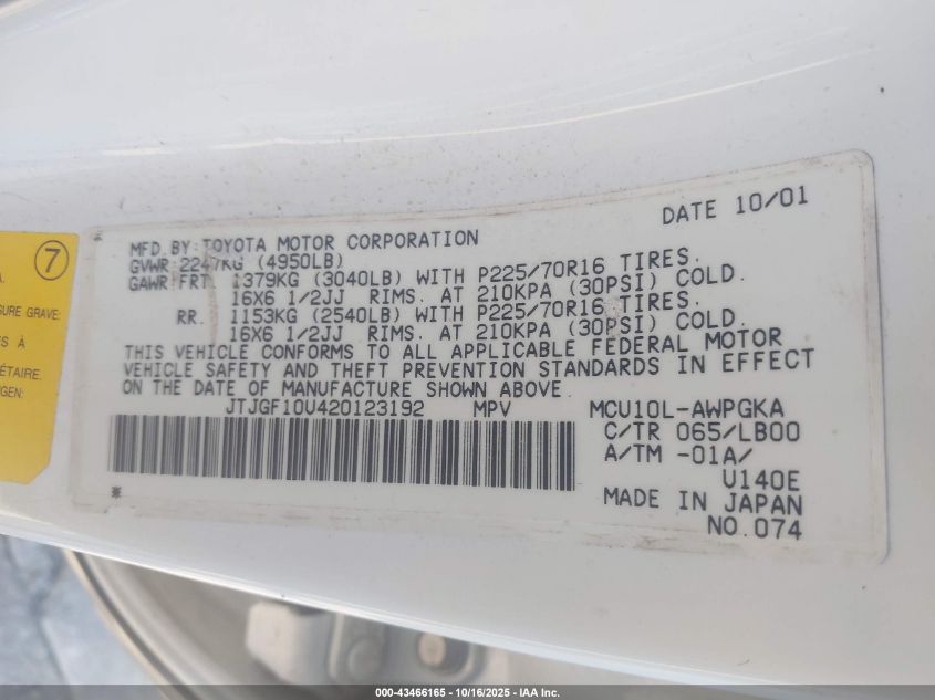 2002 Lexus Rx 300 VIN: JTJGF10U420123192 Lot: 43466165