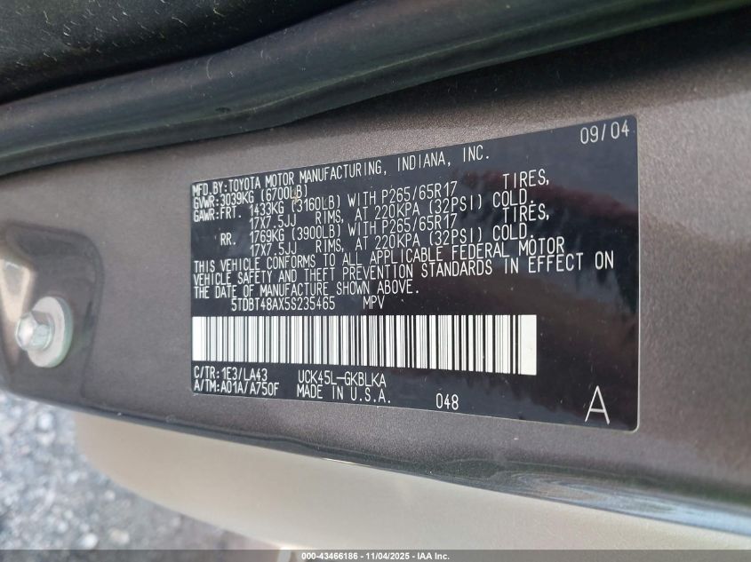 2005 Toyota Sequoia Limited V8 VIN: 5TDBT48AX5S235465 Lot: 43466186