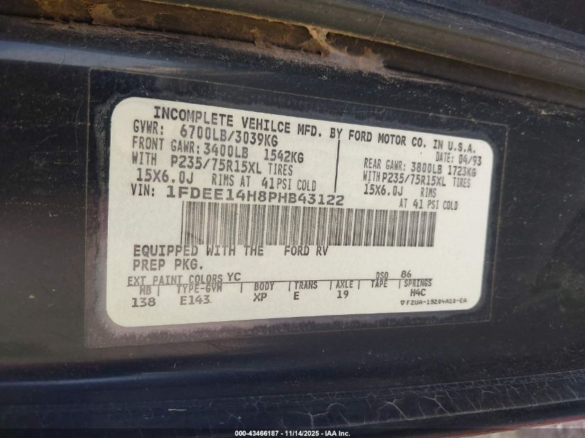 1993 Ford Econoline E150 Van VIN: 1FDEE14H8PHB43122 Lot: 43466187