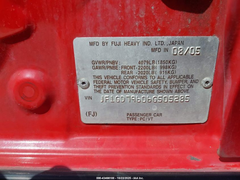 2006 Subaru Impreza Wrx/Wrx Limited/Wrx Tr VIN: JF1GD79606G505285 Lot: 43466188