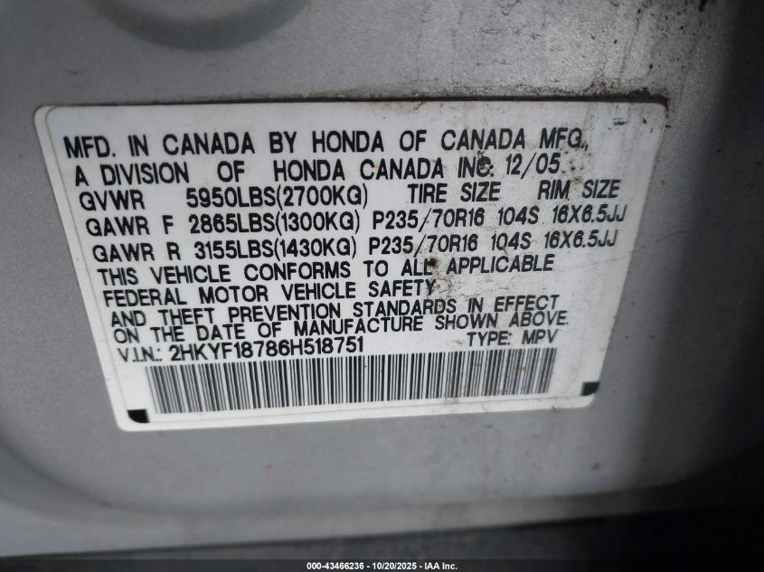 2006 Honda Pilot Ex-L VIN: 2HKYF18786H518751 Lot: 43466236