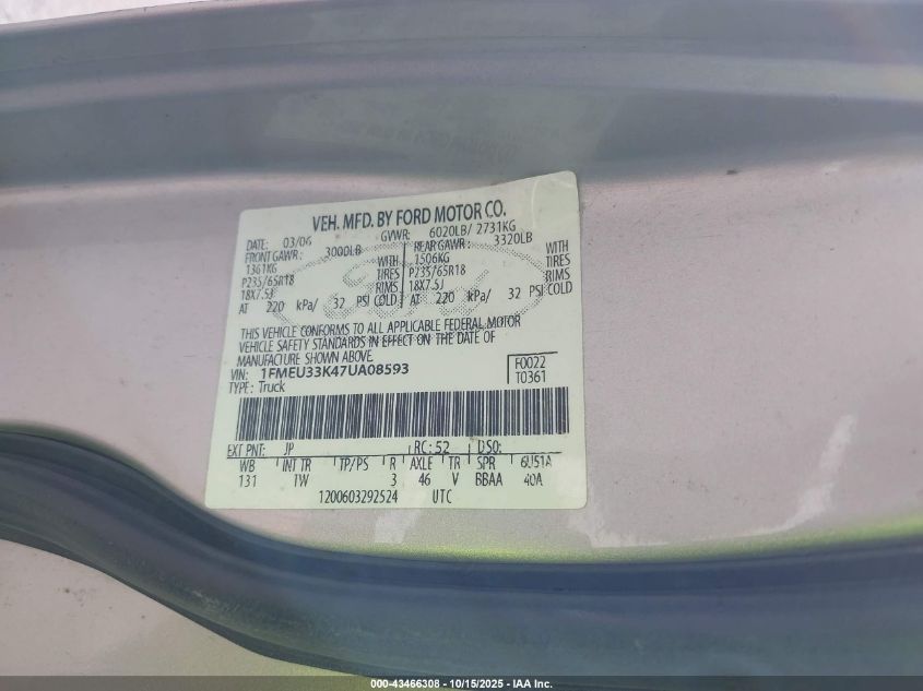 2007 Ford Explorer Sport Trac Limited VIN: 1FMEU33K47UA08593 Lot: 43466308
