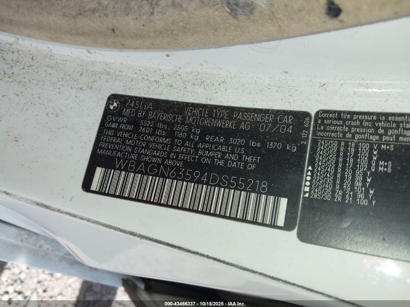 2004 BMW 745Li VIN: WBAGN63594DS55218 Lot: 43466337
