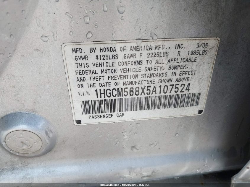 2005 Honda Accord 2.4 Ex VIN: 1HGCM568X5A107524 Lot: 43466363