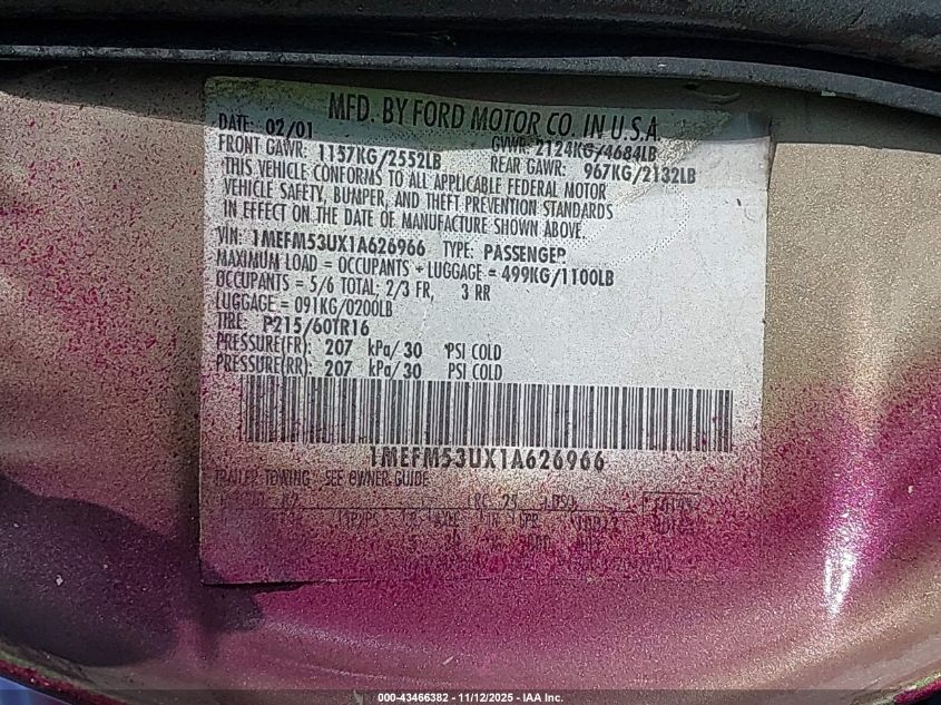 2001 Mercury Sable Ls VIN: 1MEFM53UX1A626966 Lot: 43466382