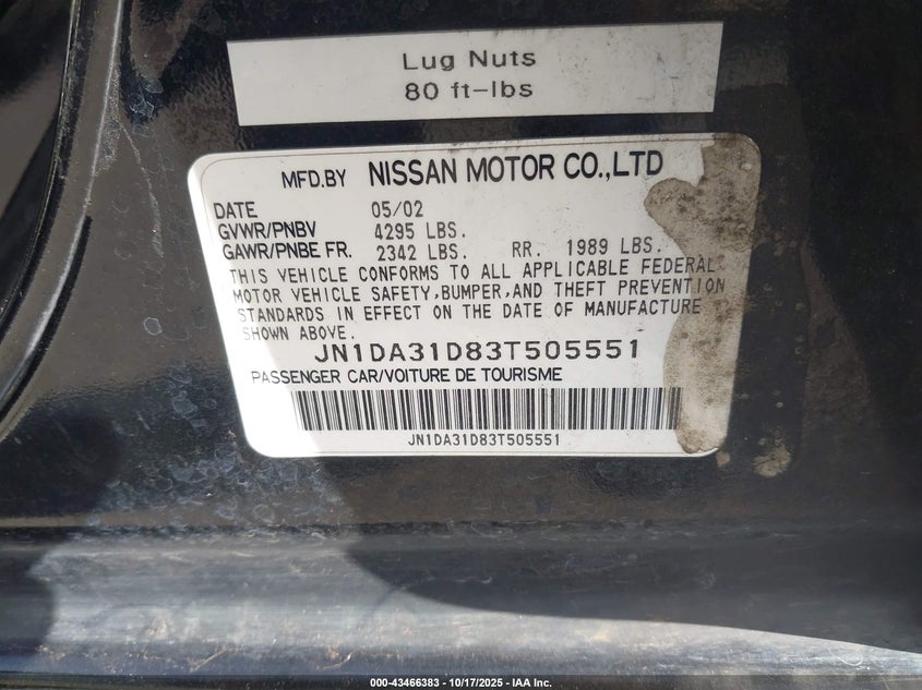 2003 Nissan Maxima Se VIN: JN1DA31D83T505551 Lot: 43466383