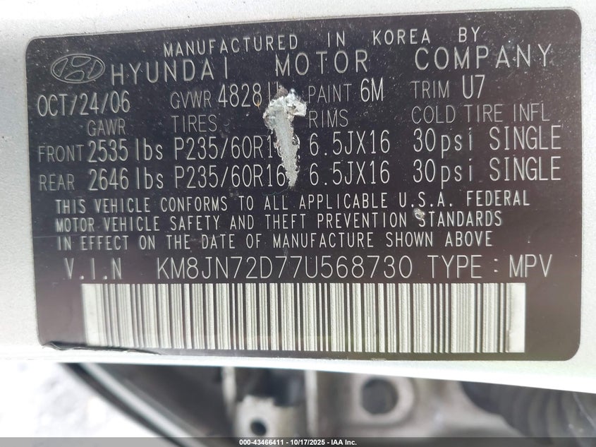 KM8JN72D77U568730 2007 HYUNDAI TUCSON photo no. 9
