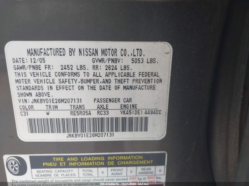 2006 Infiniti M45 Sport VIN: JNKBY01E26M207131 Lot: 43466474