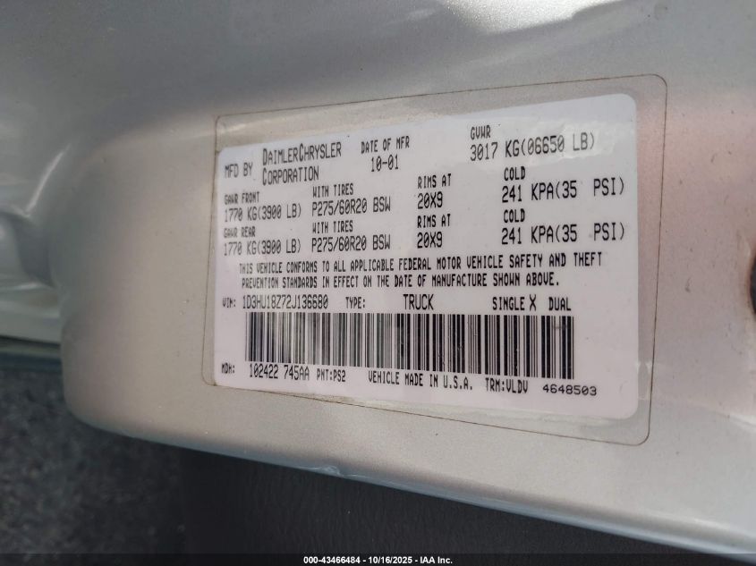 2002 Dodge Ram 1500 St VIN: 1D3HU18Z72J136680 Lot: 43466484