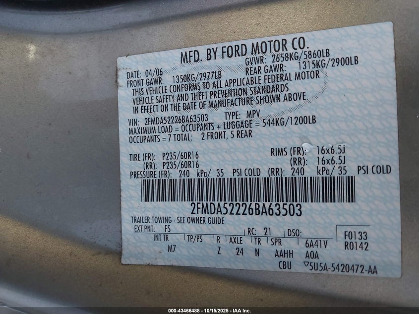 2FMDA52226BA63503 2006 FORD FREESTAR photo no. 9