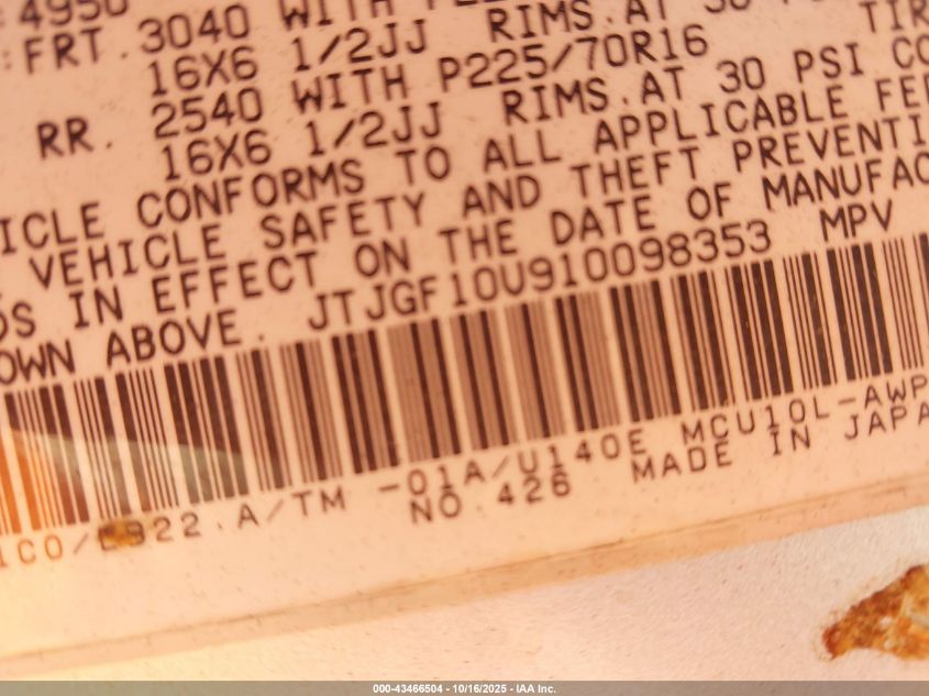 2001 Lexus Rx 300 VIN: JTJGF10U910098353 Lot: 43466504