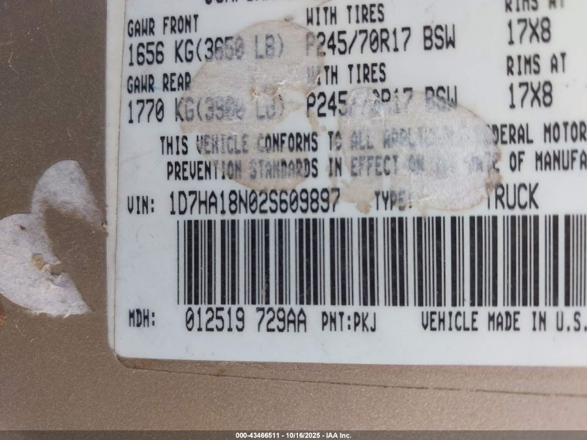 2002 Dodge Ram 1500 St VIN: 1D7HA18N02S609897 Lot: 43466511