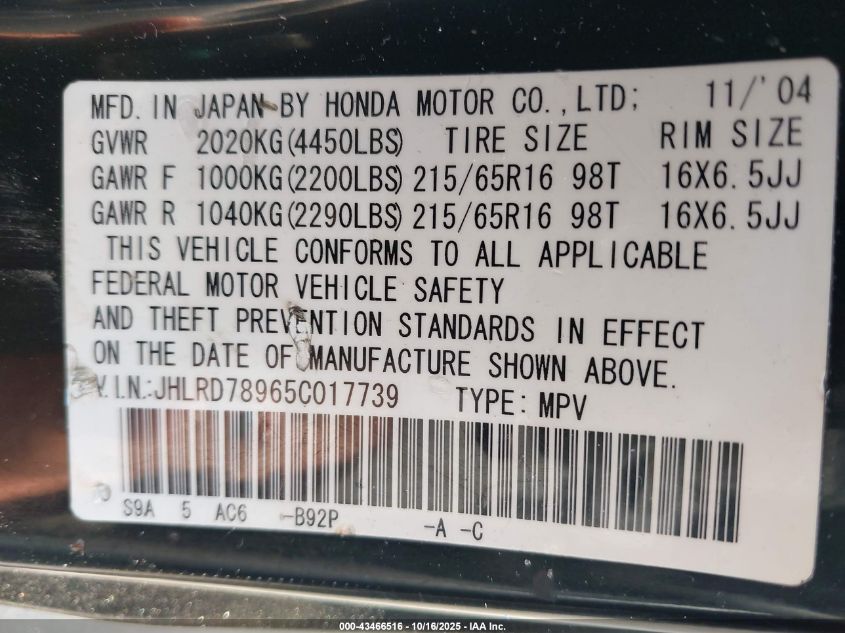 2005 Honda Cr-V Se VIN: JHLRD78965C017739 Lot: 43466516