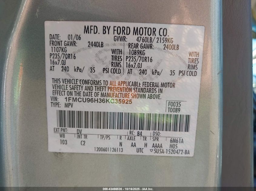 2006 Ford Escape Hybrid VIN: 1FMCU96H36KC35925 Lot: 43466536