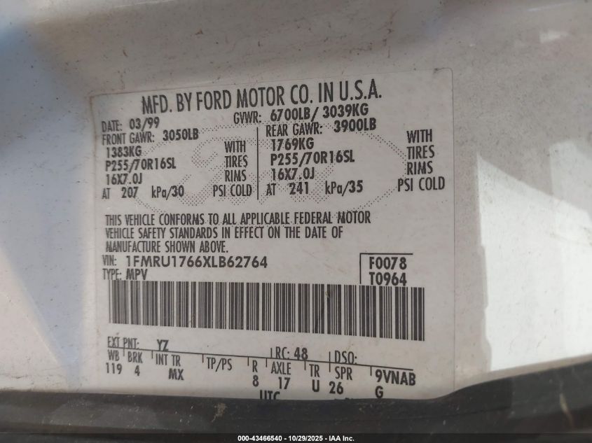 1999 Ford Expedition Eddie Bauer/Xlt VIN: 1FMRU1766XLB62764 Lot: 43466540