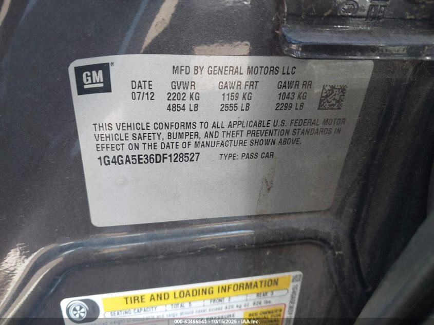 2013 Buick Lacrosse VIN: 1G4GA5E36DF128527 Lot: 43466543