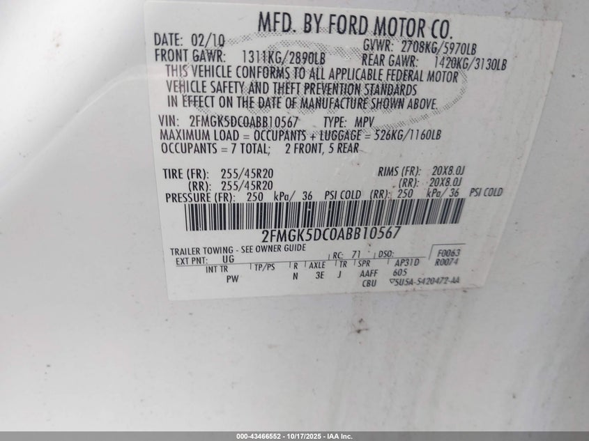 2FMGK5DC0ABB10567 2010 FORD FLEX photo no. 9