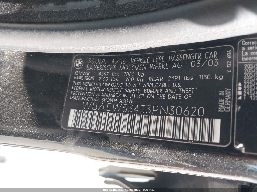 2003 BMW 330Xi VIN: WBAEW53433PN30620 Lot: 43466562