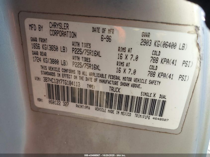 1996 Dodge Ram 1500 VIN: 3B7HC13Y7TG184113 Lot: 43466567