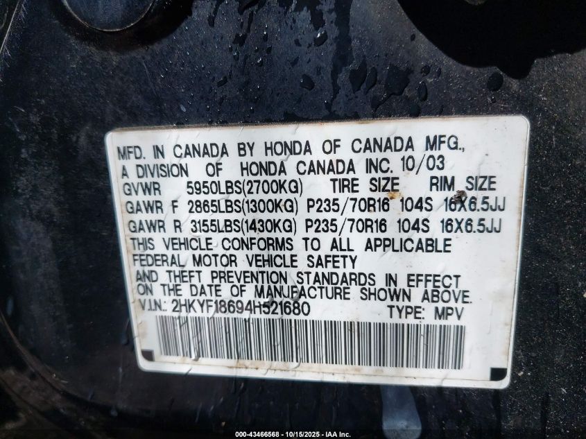 2004 Honda Pilot Ex-L VIN: 2HKYF18694H521680 Lot: 43466568