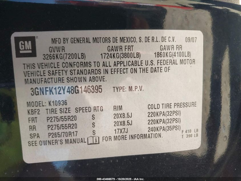 2008 Chevrolet Avalanche 1500 Ltz VIN: 3GNFK12Y48G146395 Lot: 43466579