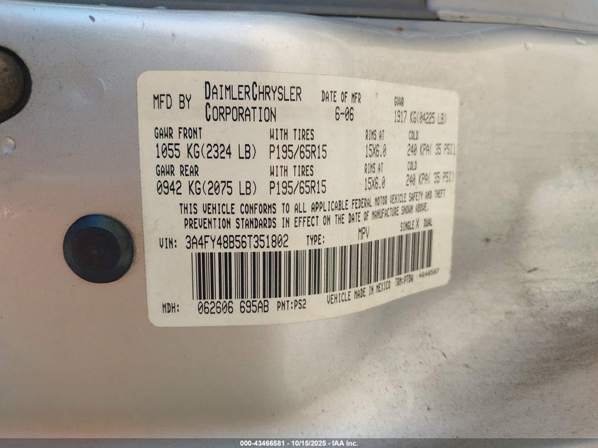 2006 Chrysler Pt Cruiser VIN: 3A4FY48B56T351802 Lot: 43466581