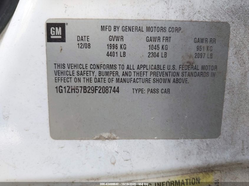 2009 Chevrolet Malibu Lt VIN: 1G1ZH57B29F208744 Lot: 43466640