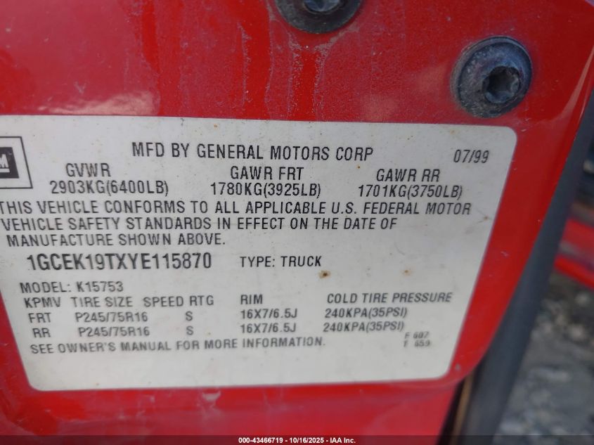 2000 Chevrolet Silverado 1500 Ls VIN: 1GCEK19TXYE115870 Lot: 43466719
